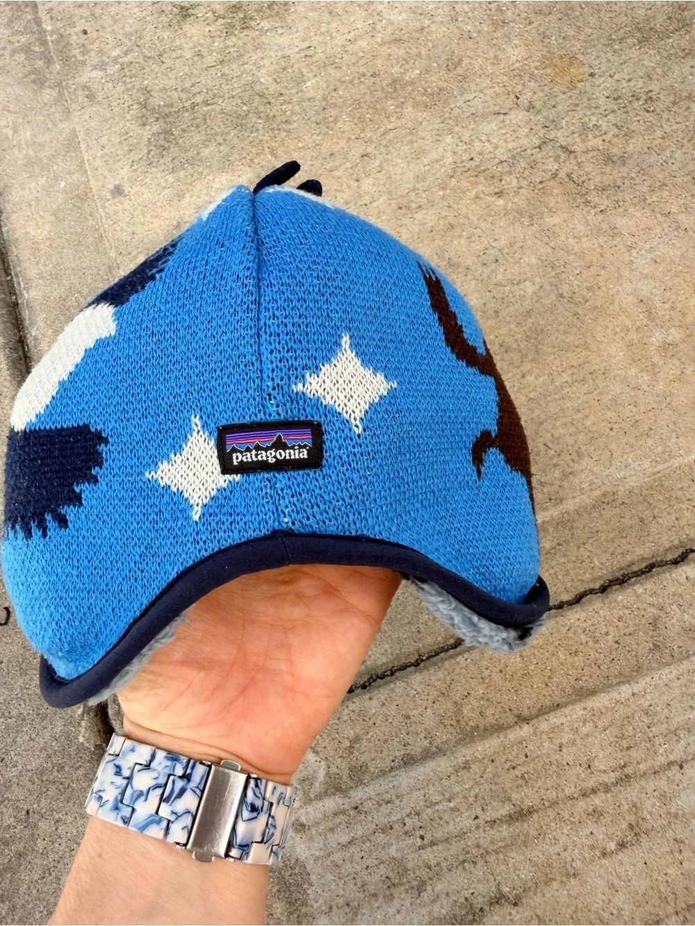 Patagonia 3-6 mo Blue Desert Animal Knit Toy Hat for Kids, reversible